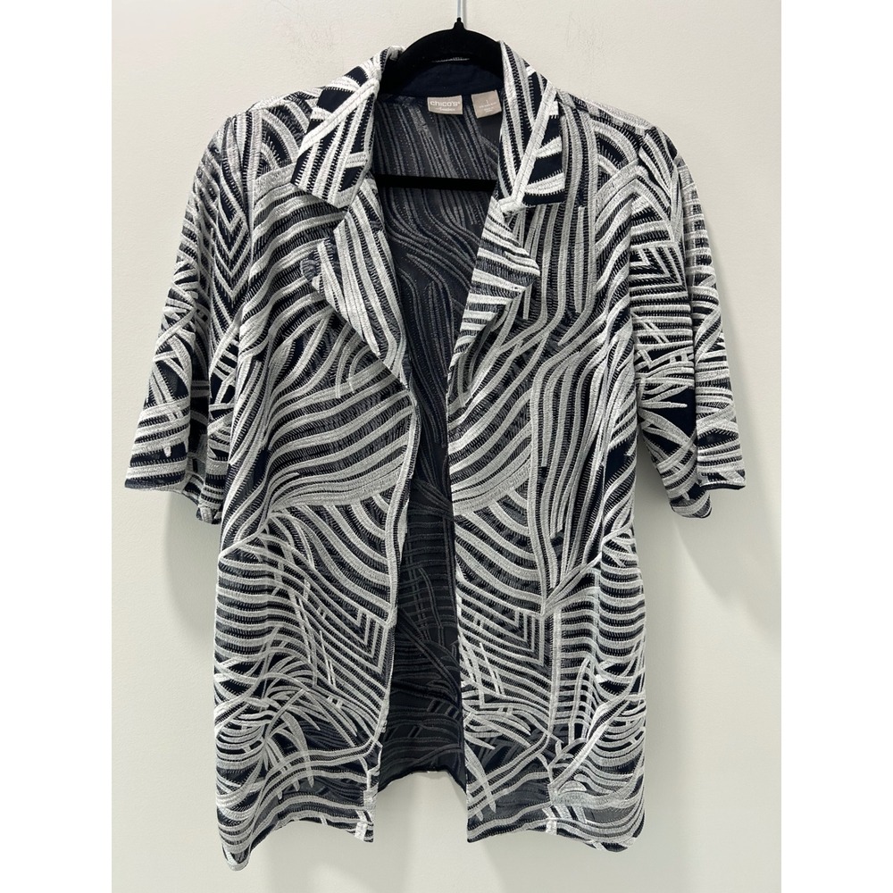 Chicos Travelers Navy Silver Metallic Embroidered Mesh Open Jacket 1 M 8-10